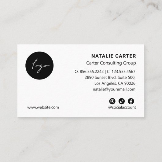 Carte De Visite Logo photo vertical minimal social PLAIN BLANC (Dos)