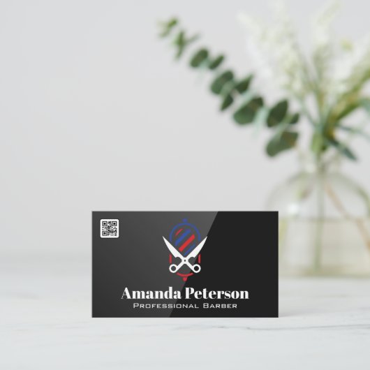 Carte De Visite Logo Pole en barbier et ciseaux | Code QR (Debout devant)