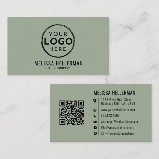 Carte De Visite Logo Professionnel Code QR Vert Sauge (Devant / Derrière)