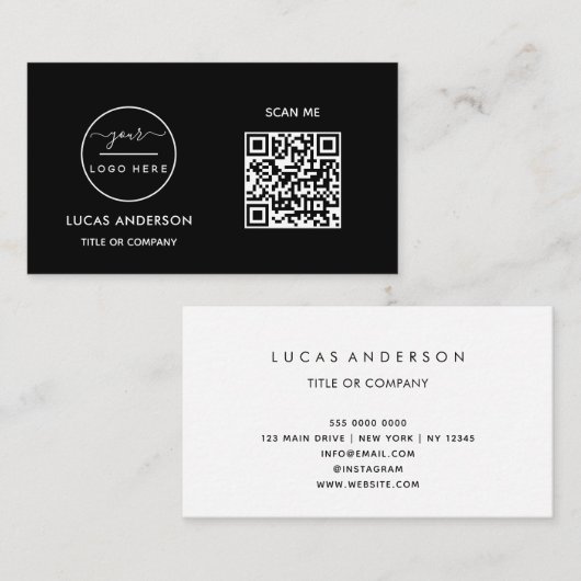 Carte De Visite Logo professionnel du code QR | Noir moderne profe (Devant / Derrière)