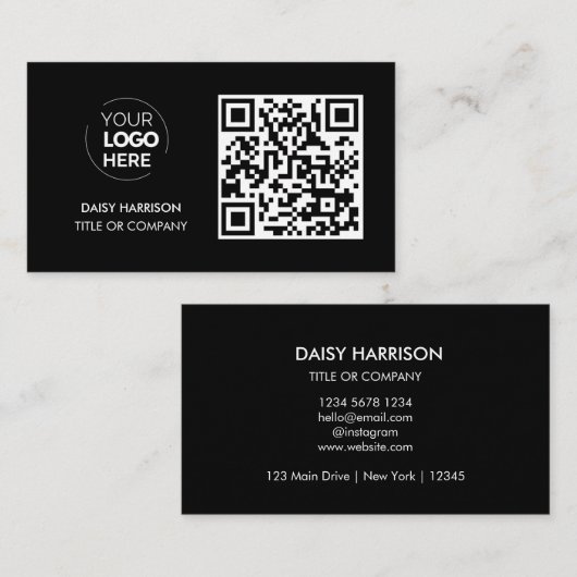 Carte De Visite Logo professionnel du code QR | Noir moderne profe (Devant / Derrière)