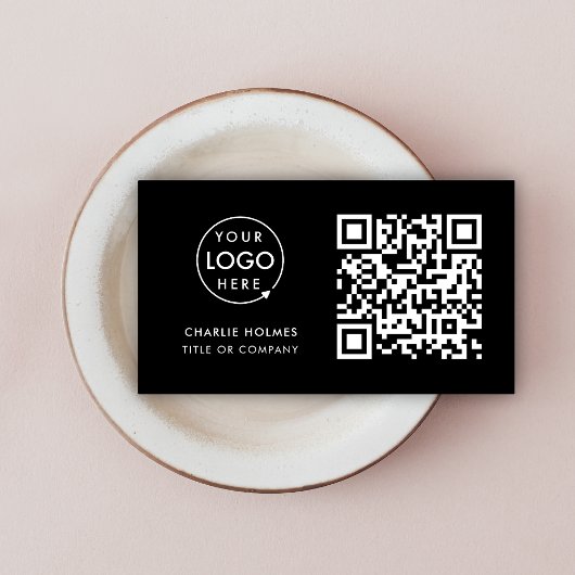 Carte De Visite Logo professionnel du code QR | Noir moderne profe