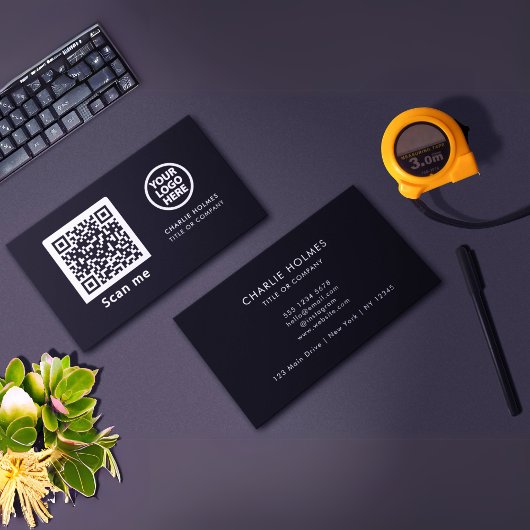 Carte De Visite Logo professionnel du code QR | Noir moderne profe