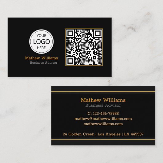 Carte De Visite Logo professionnel QR Code, Moderne | Black Monogr (Devant / Derrière)