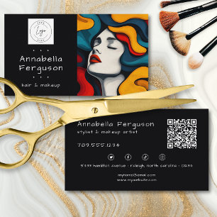 Carte De Visite Logo QR Art Pop Moderne Rétro Coloré Cheveux Maqui