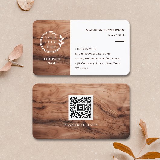 Carte De Visite Logo QR Code à grain de bois moderne