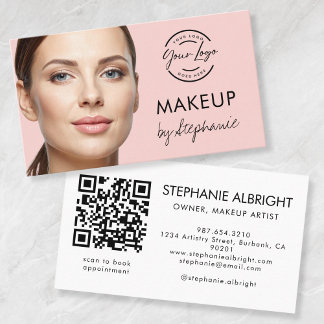 Carte De Visite Logo QR Code Photo Maquillage Écriture Rose Pâle