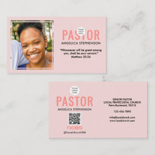 Carte De Visite Logo QR Moderne Photo Blush Rose Pasteur Église