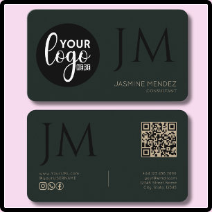 Carte De Visite Logo QR Monogramme Noir Kaki Obsidienne Sombre