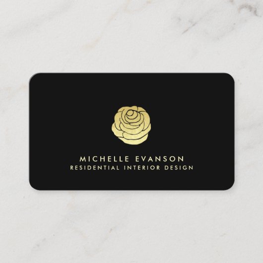 Carte De Visite Logo rose Faux Gold Foil Élégant Noir simple (Devant)
