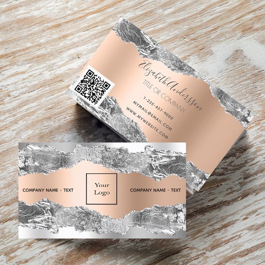 Carte De Visite Logo rose or métal agate marbre argent code QR