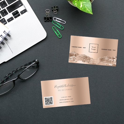 Carte De Visite Logo rose or métal agate marbre code QR