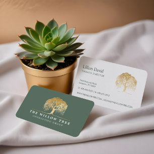 Carte De Visite Logo Rustic Modern Green & Gold Willow Tree
