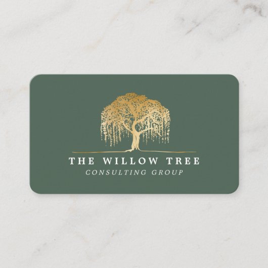 Carte De Visite Logo Rustic Modern Green & Gold Willow Tree (Devant)
