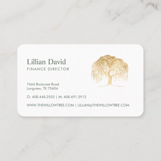 Carte De Visite Logo Rustic Modern Green & Gold Willow Tree (Dos)