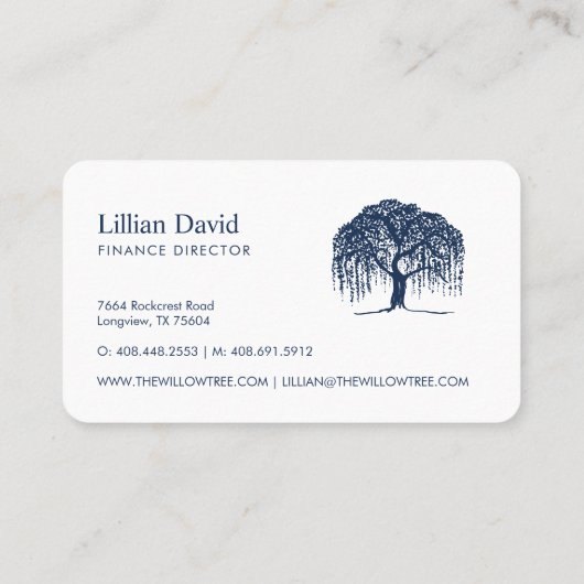 Carte De Visite Logo Rustic Modern Navy Blue & White Willow Tree (Dos)