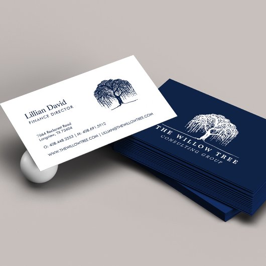 Carte De Visite Logo Rustic Modern Navy Blue & White Willow Tree
