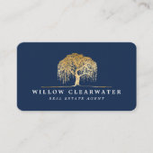 Carte De Visite Logo Rustic Modern Navy & Gold Willow Tree (Devant)
