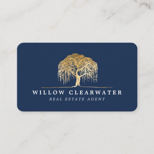 Carte De Visite Logo Rustic Modern Navy & Gold Willow Tree (Devant)