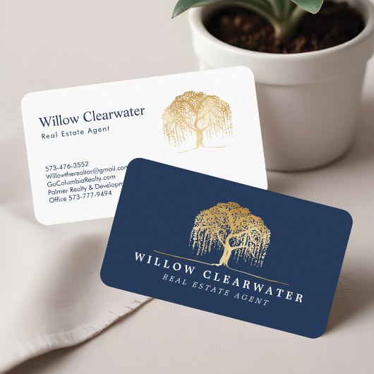 Carte De Visite Logo Rustic Modern Navy & Gold Willow Tree