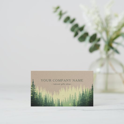 Carte De Visite Logo Rustique Forêt de Pins Faux Kraft (Debout devant)