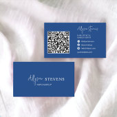 Carte De Visite Logo script blanc bleu maquillage cheveux qr code