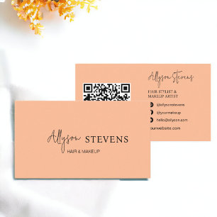 Carte De Visite Logo script chic peach maquillage cheveux qr code