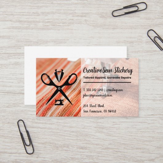 Carte De Visite Logo Seamstress | Tissu cousu (Devant/Arrière en situation)