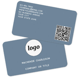Carte De Visite Logo Simple et Code QR Gris Bleu Poussiéreux