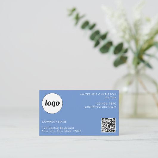 Carte De Visite Logo simple et texte QR Code bleu (Debout devant)