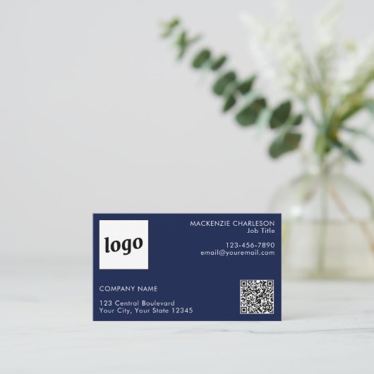 Carte De Visite Logo simple et texte QR Code bleu marine (Debout devant)