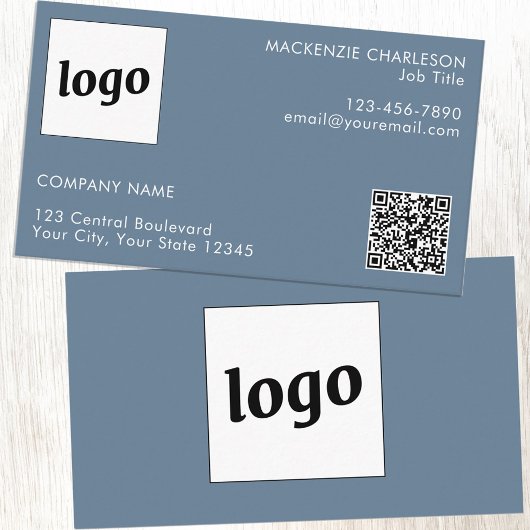Carte De Visite Logo simple et texte QR Code Dusty Blue Grey