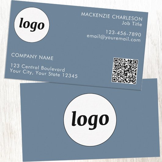 Carte De Visite Logo simple et texte QR Code Dusty Blue Grey