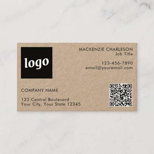 Carte De Visite Logo simple et texte QR Code Kraft (Devant)