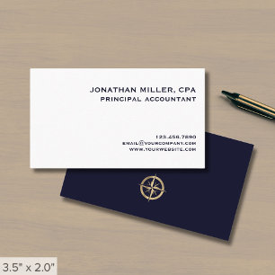 Carte De Visite Logo Simple White Navy Blue Gold Compass