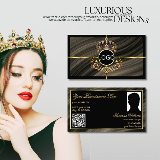 Carte De Visite Logo Smart Royal Brown Gold Crown Photo Code QR