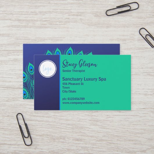 CARTE DE VISITE LOGO STYLISÉ ART DÉCO BLEU TURQUOISE PEACOCK FEATH (Devant/Arrière en situation)