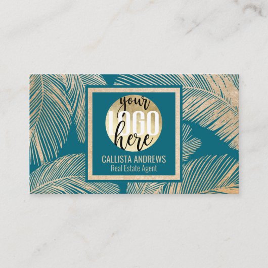 Carte De Visite Logo Tropical Gold Turquoise Blue Palm Tree (Devant)