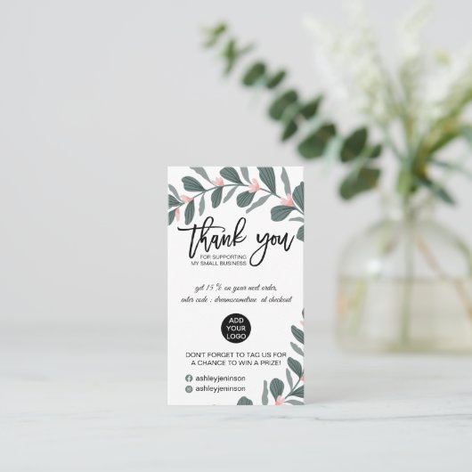 Carte De Visite Logo vert moderne feuillage rose commander merci (Debout devant)