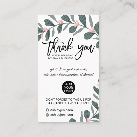 Carte De Visite Logo vert moderne feuillage rose commander merci (Devant)