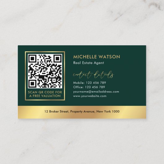 Carte De Visite Logo Vert & Or Moderne Immobilier Code QR (Dos)