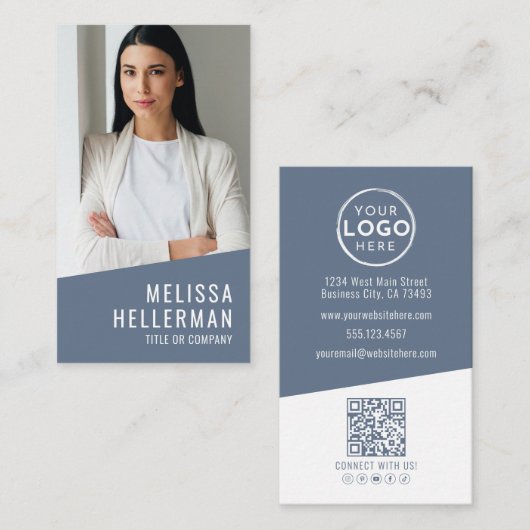 Carte De Visite Logo Vertical Code QR Photo Moderne Bleu (Devant / Derrière)