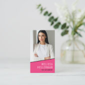 Carte De Visite Logo vertical de code QR de photo rose chaud (Debout devant)