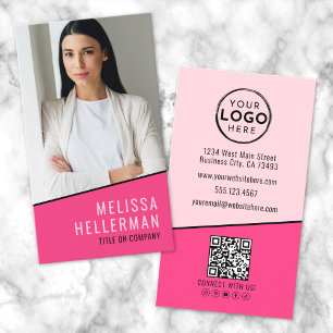 Carte De Visite Logo vertical de code QR de photo rose chaud