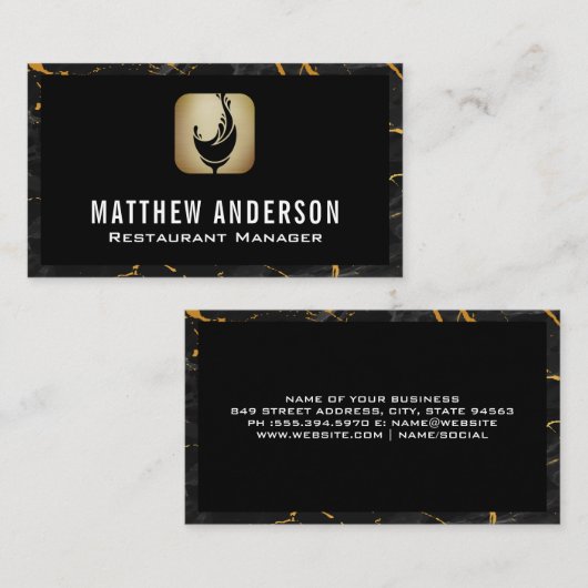 Carte De Visite Logo Vin | Marbre noir or (Devant / Derrière)