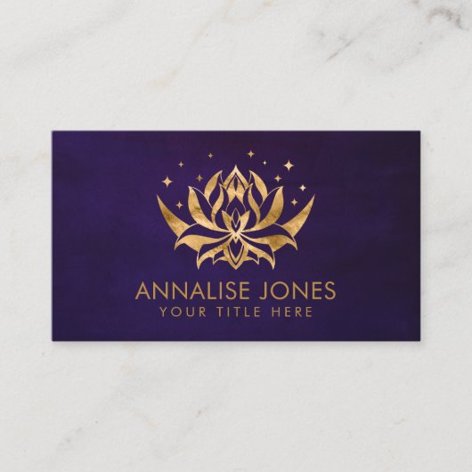 Carte De Visite Lotus doré forme fleur et lune sur violet (Devant)