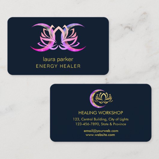 Carte De Visite Lotus Flower Mystic Moon Purple Gold Reiki Guériss (Devant / Derrière)
