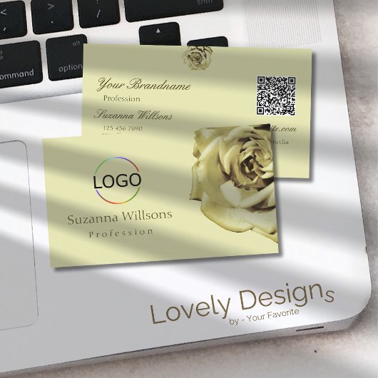 Carte De Visite Lovely Rose Plain Pastel Beige Logo et QR Code