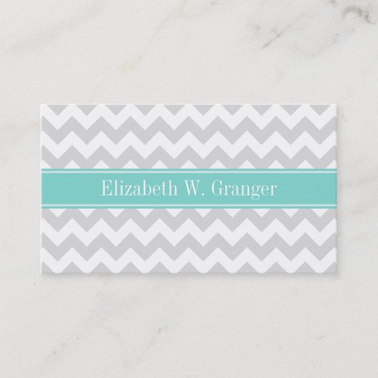 Carte De Visite Lt Gray Wht Chevron ZigZag Aqua Nom Monogram (Devant)