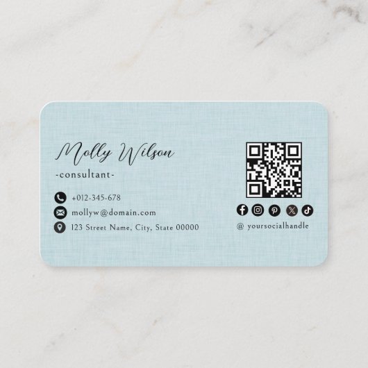Carte De Visite Lumière Bleu Faux Lin QR Code Médias sociaux (Dos)